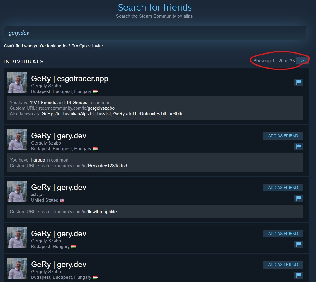 List of impersonators found by a Steam friends search